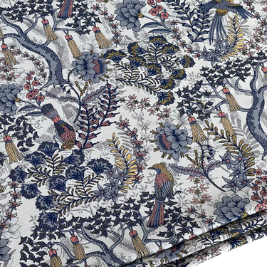 White Aviary Woven Upholstery Fabric – Botanical Birds in– Home Decor Use